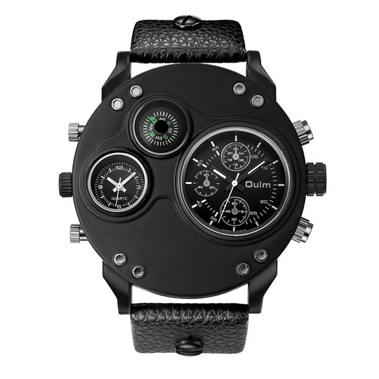 Arthur | Black Leather Double Time Zone Quartz Watch