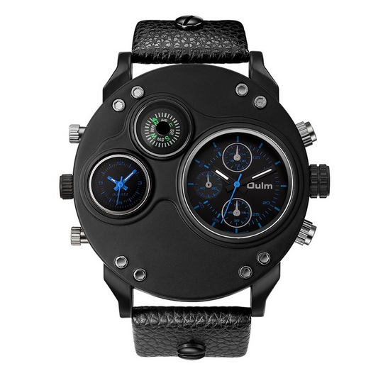 Arthur | Black Leather Double Time Zone Quartz Watch