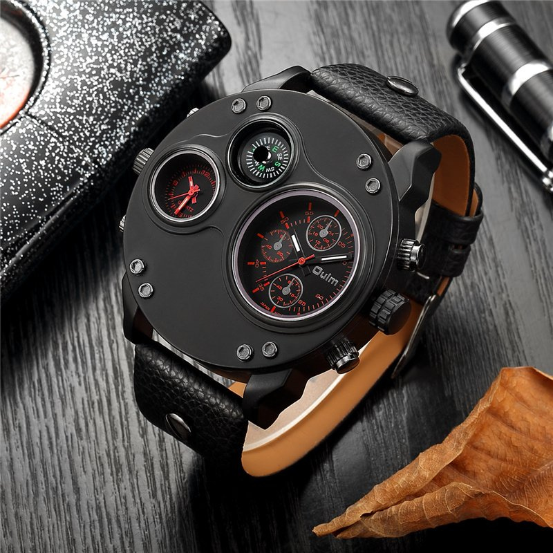 Arthur | Black Leather Double Time Zone Quartz Watch