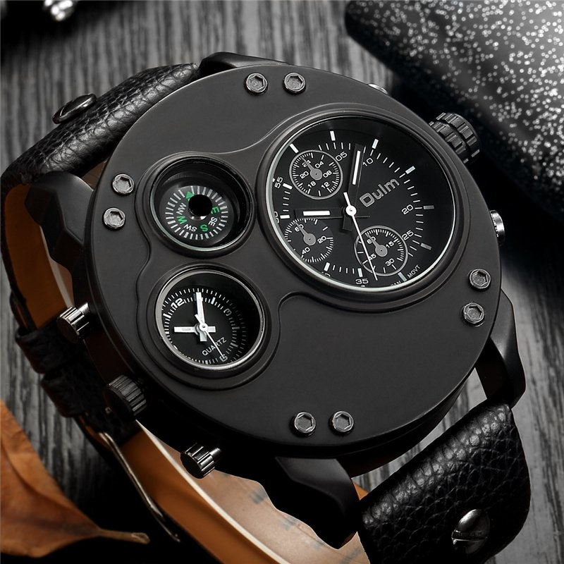 Arthur | Black Leather Double Time Zone Quartz Watch