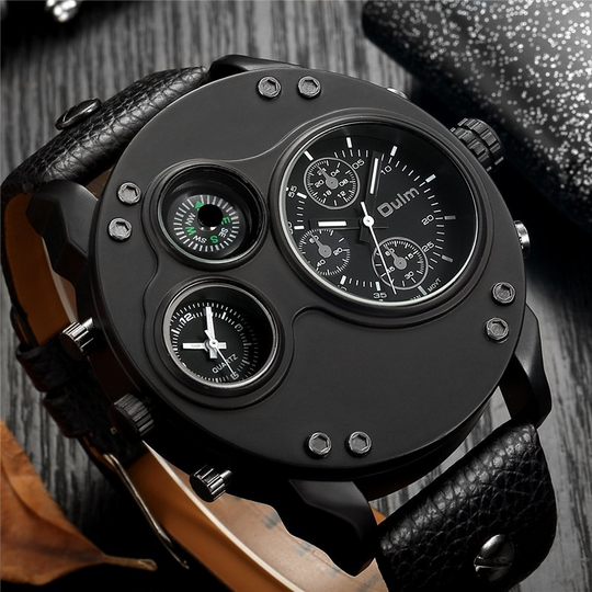 Arthur | Black Leather Double Time Zone Quartz Watch