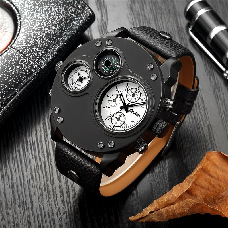 Arthur | Black Leather Double Time Zone Quartz Watch