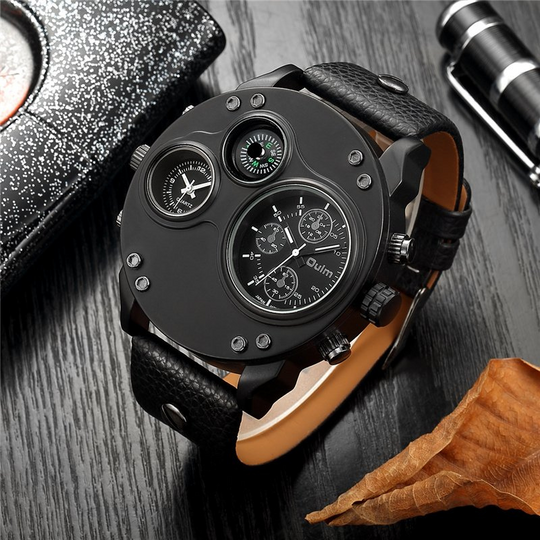 Arthur | Black Leather Double Time Zone Quartz Watch