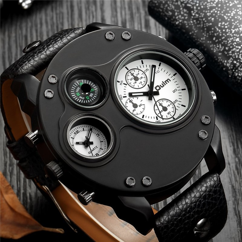 Arthur | Black Leather Double Time Zone Quartz Watch