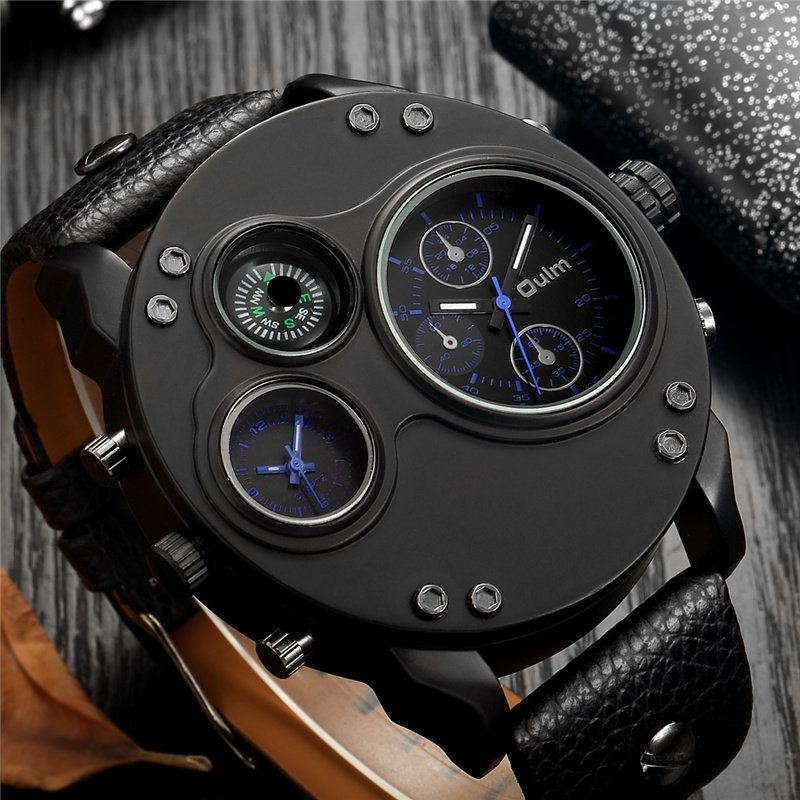 Arthur | Black Leather Double Time Zone Quartz Watch