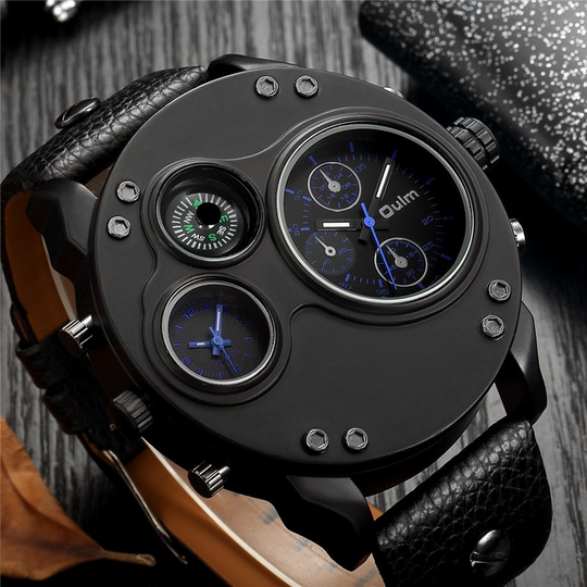 Arthur | Black Leather Double Time Zone Quartz Watch