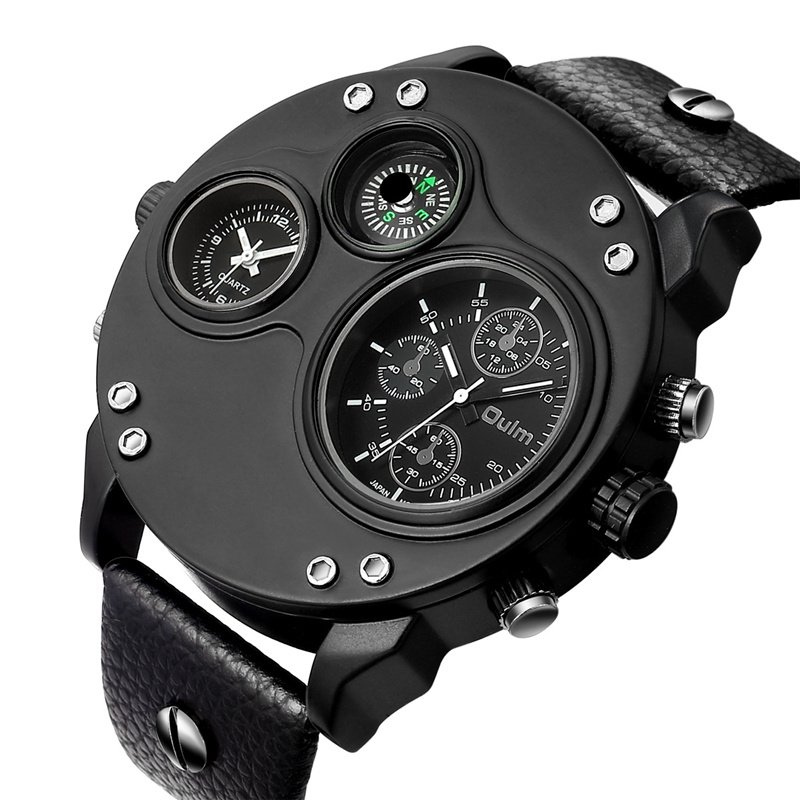 Arthur | Black Leather Double Time Zone Quartz Watch