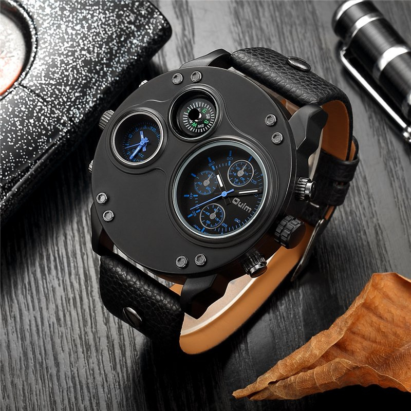 Arthur | Black Leather Double Time Zone Quartz Watch