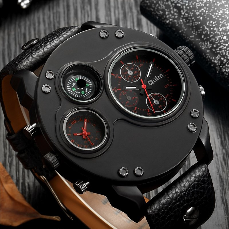 Arthur | Black Leather Double Time Zone Quartz Watch