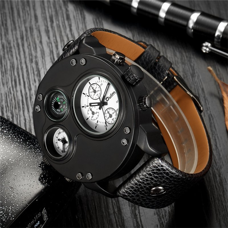 Arthur | Black Leather Double Time Zone Quartz Watch