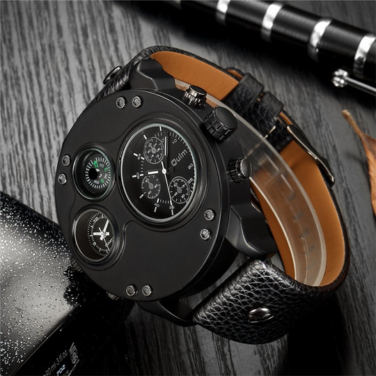 Arthur | Black Leather Double Time Zone Quartz Watch