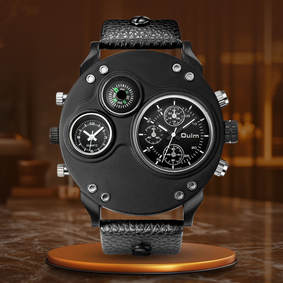 Arthur | Black Leather Double Time Zone Quartz Watch