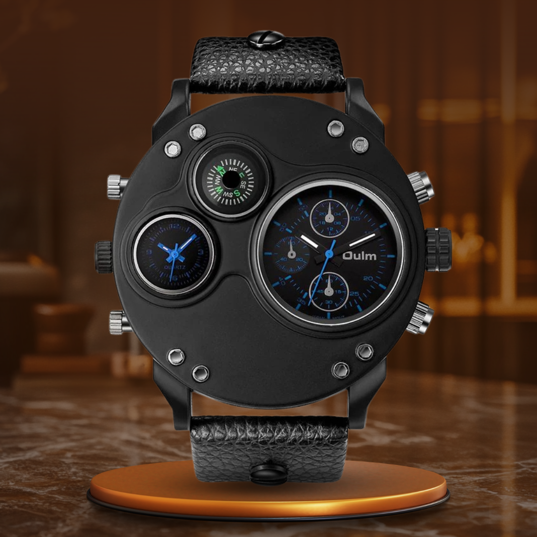 Arthur | Black Leather Double Time Zone Quartz Watch