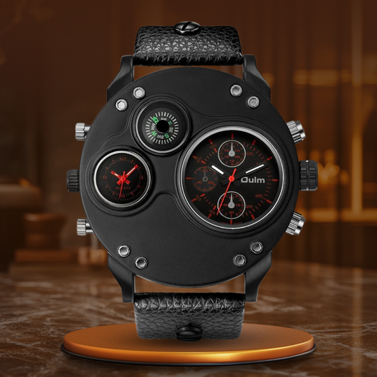 Arthur | Black Leather Double Time Zone Quartz Watch