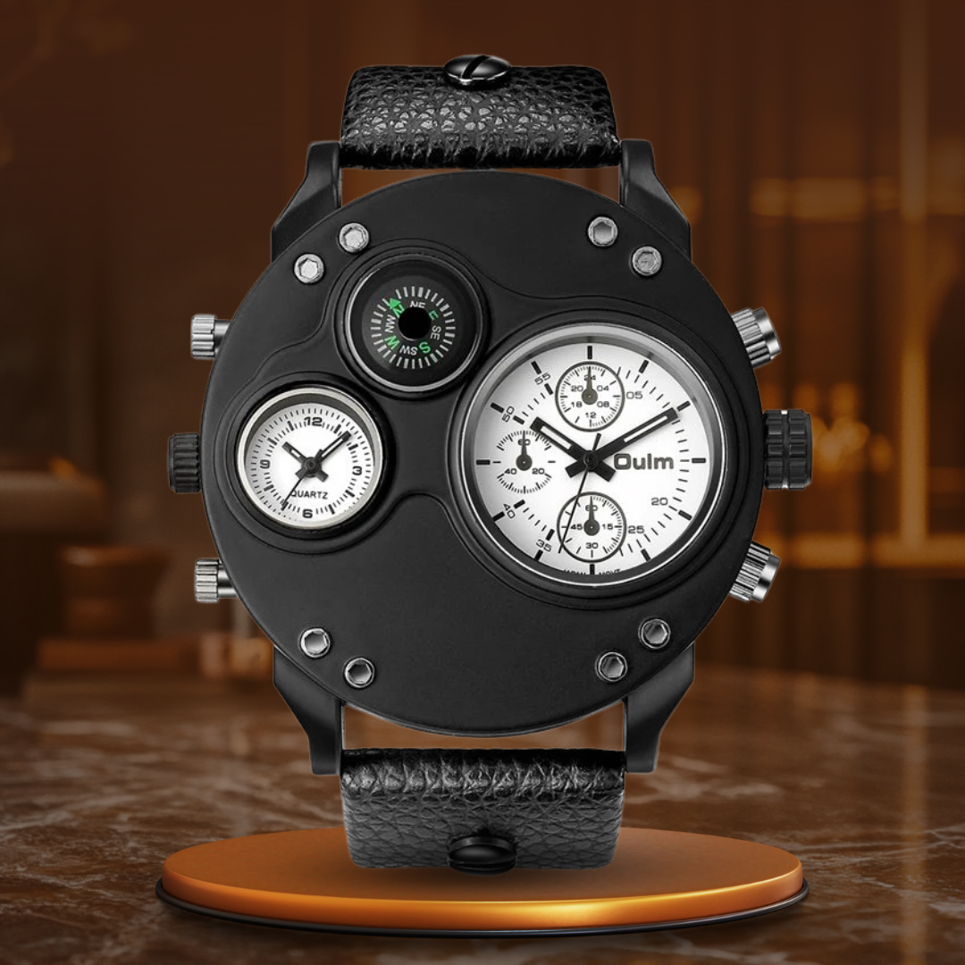 Arthur | Black Leather Double Time Zone Quartz Watch